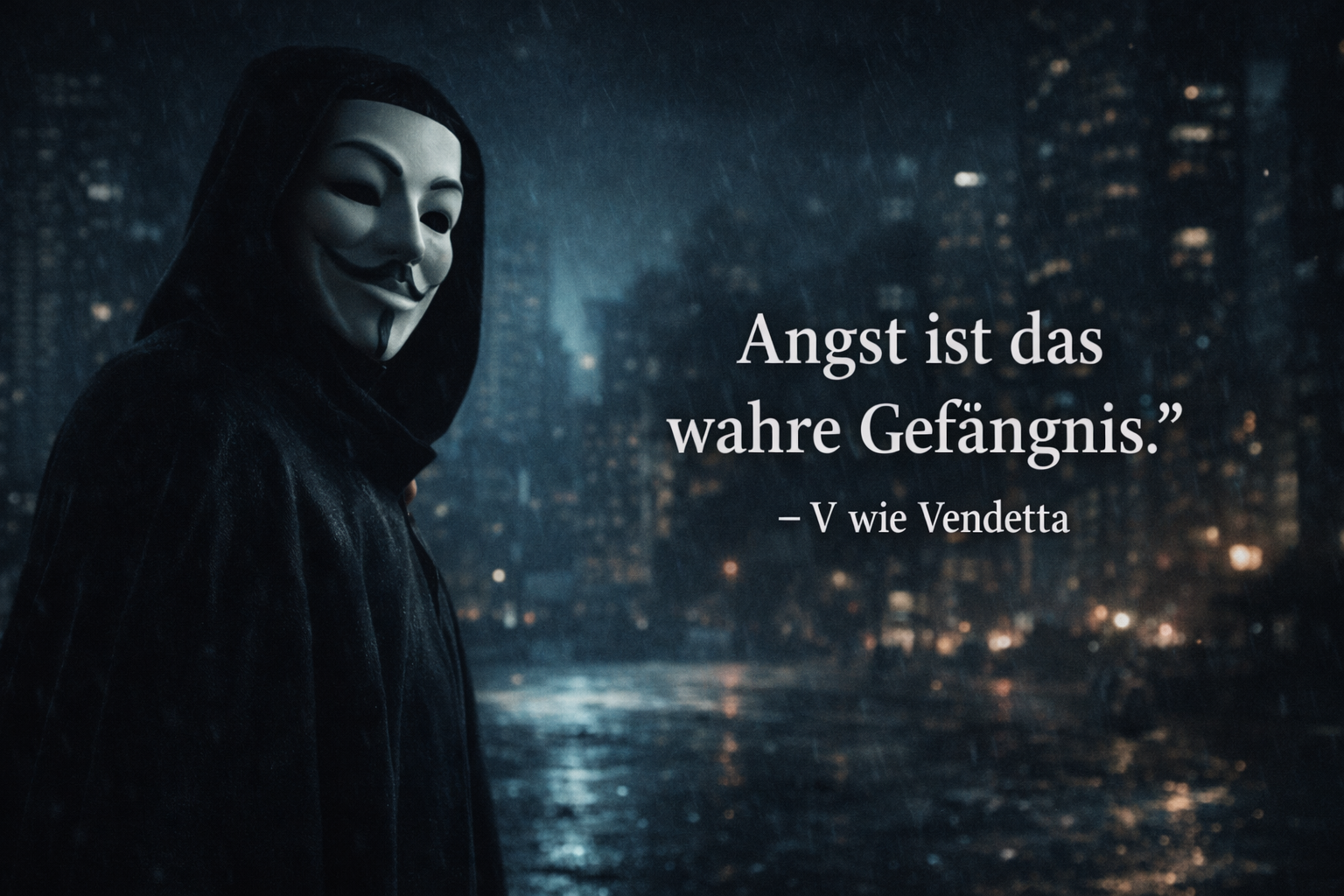 Düsteres Sharepic mit maskierter Gestalt in nächtlicher Stadt und dem Zitat „Angst ist das wahre Gefängnis“ – V wie Vendetta