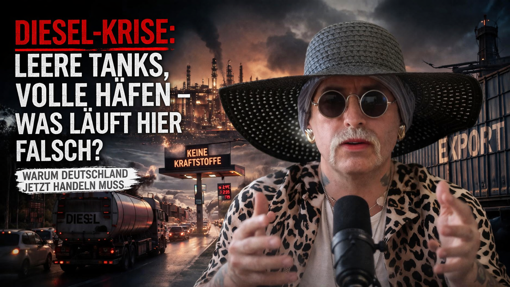 Person spricht vor dystopischer Industrie-Kulisse über Dieselknappheit und Energiekrise in Deutschland