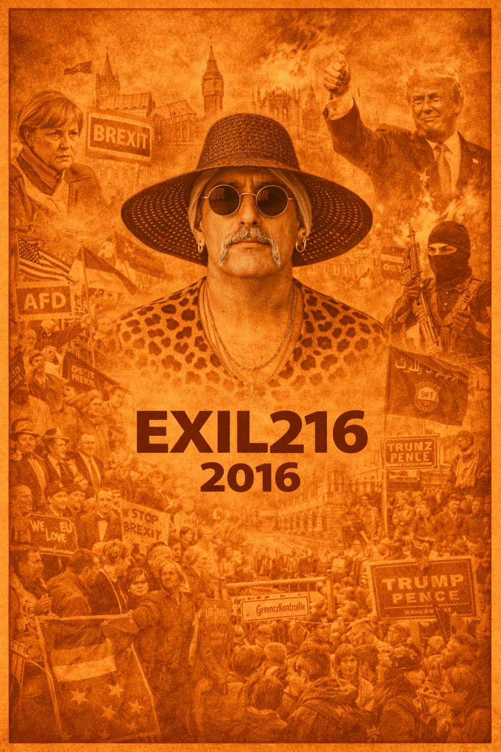 Exil 216 Bildcollage 2016 mit zentraler Figur, Deutschland, Brexit, Trump und politische Spannungen