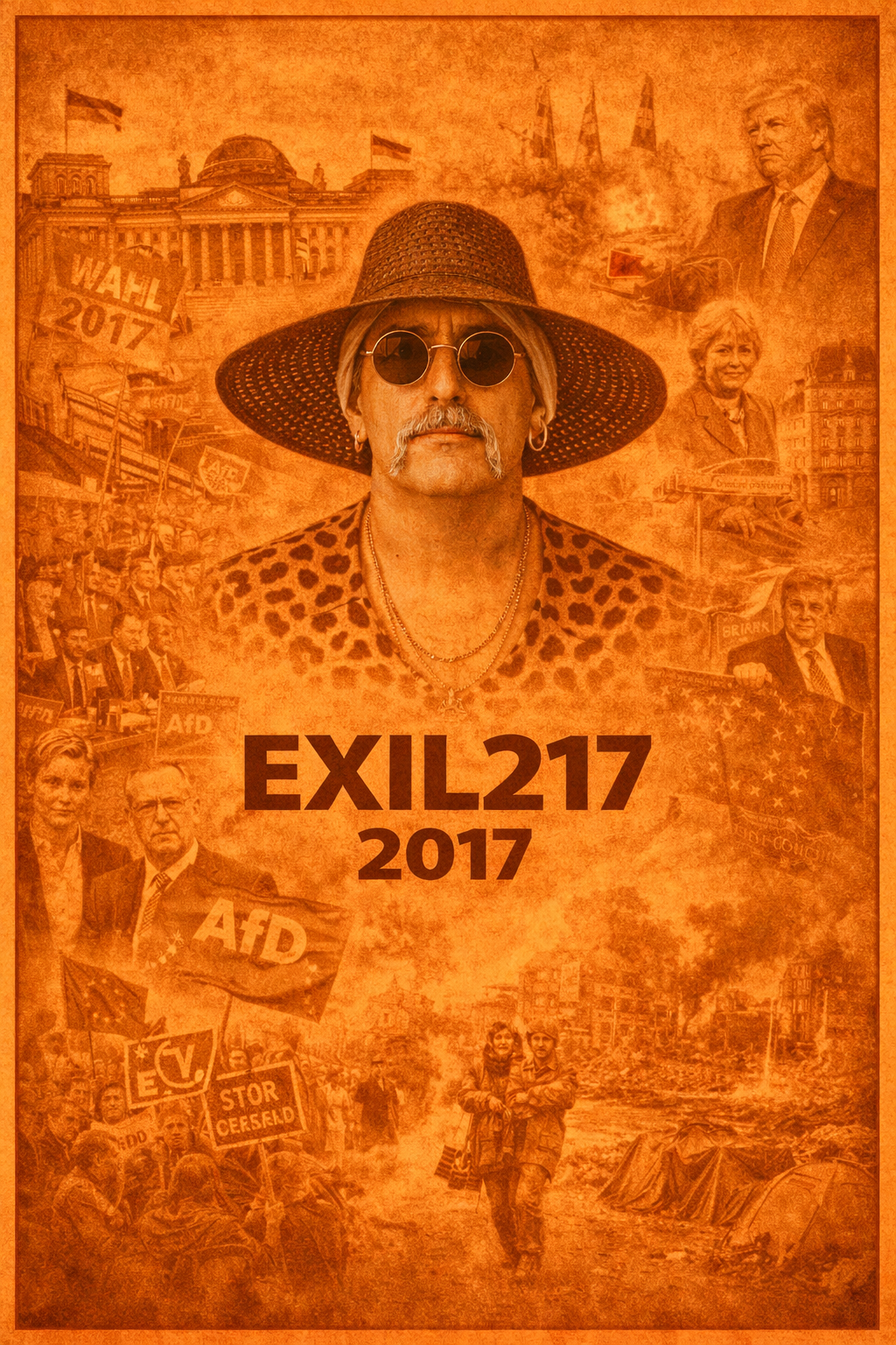 Exil 217 Bildcollage 2017 mit zentraler Figur, Deutschland, Bundestagswahl, AfD und internationale Entwicklungen
