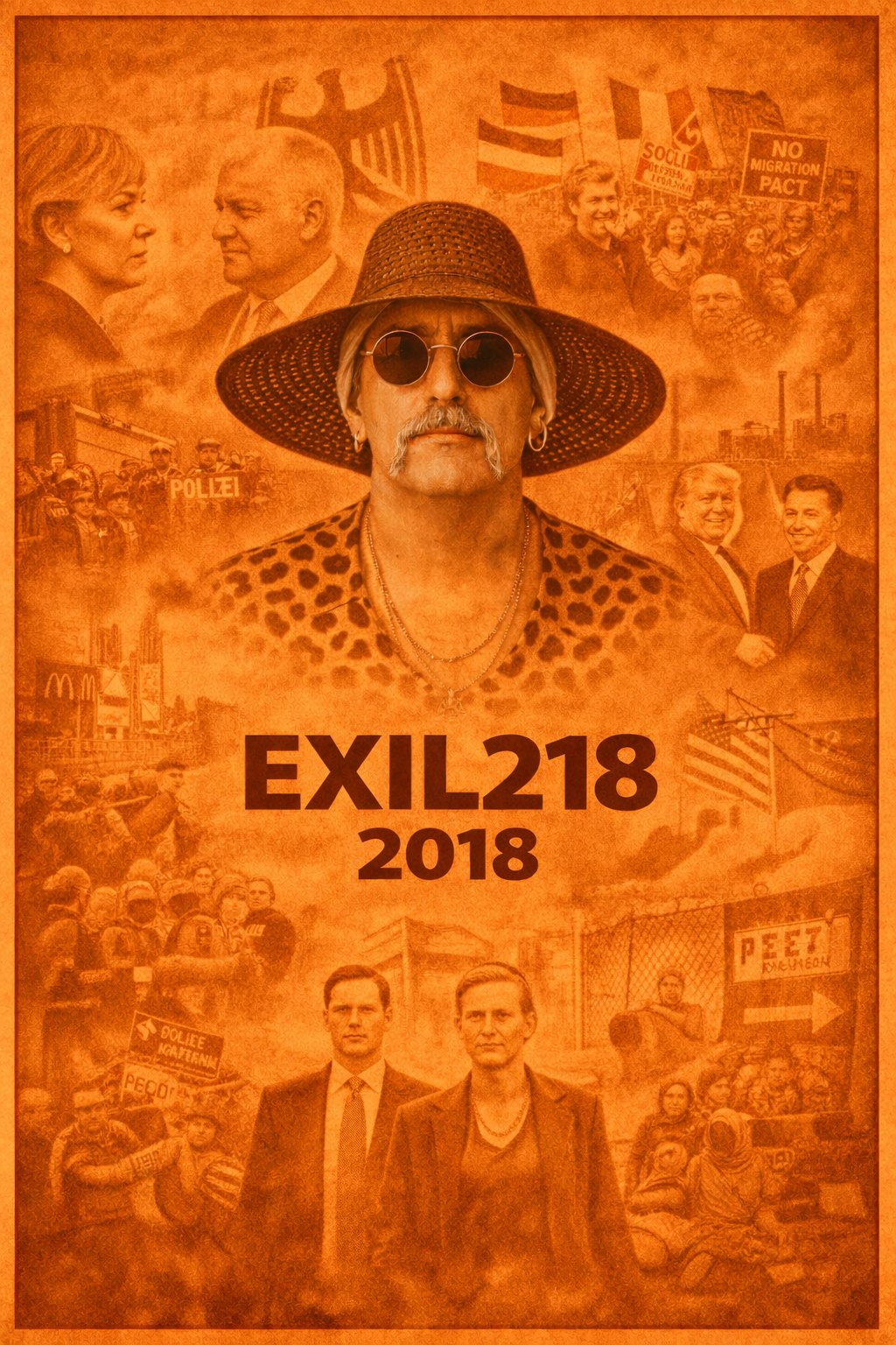 Exil 218 Bildcollage 2018 mit zentraler Figur, Deutschland, politische Konflikte, Migration und internationale Entwicklungen