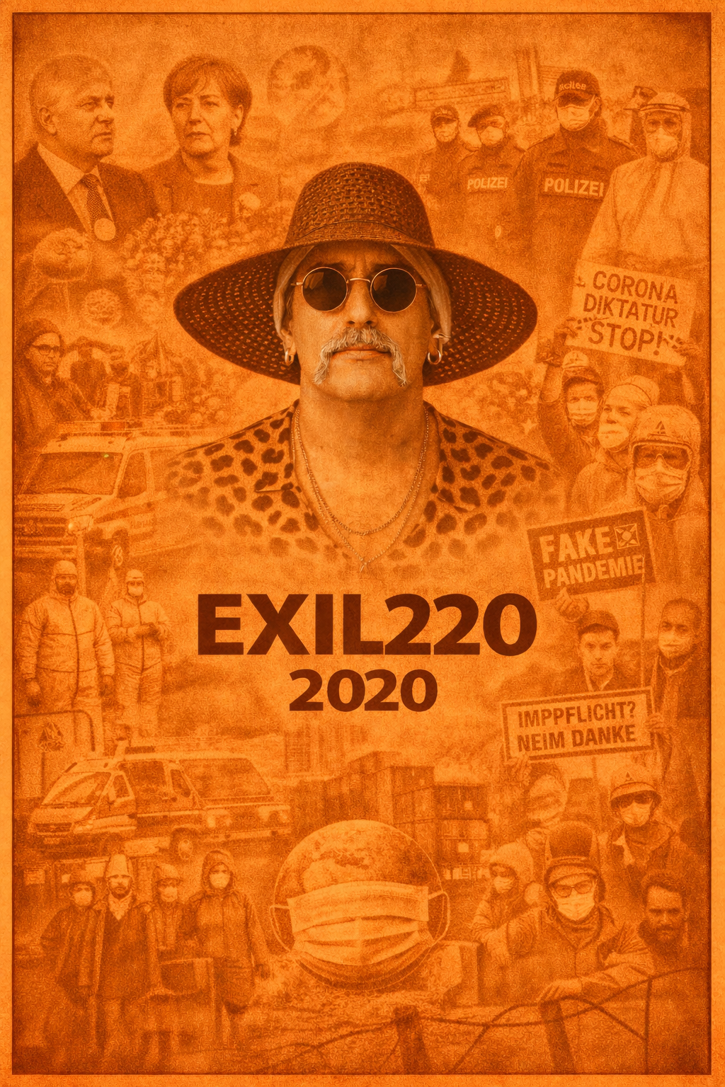 Exil 220 Bildcollage 2020 mit zentraler Figur, Deutschland, Corona-Maßnahmen, Proteste und gesellschaftliche Debatten