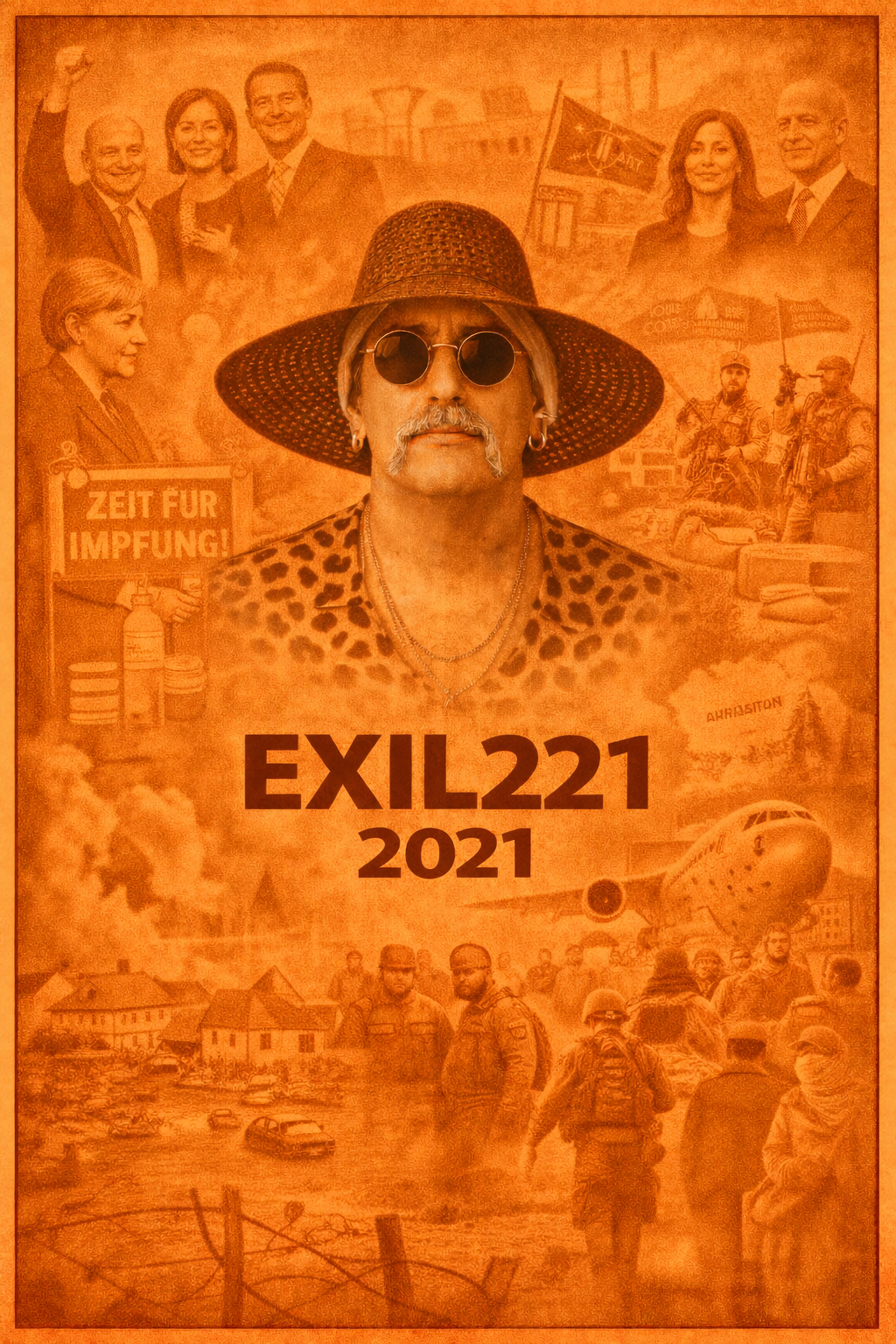 Exil 221 Bildcollage 2021 mit zentraler Figur, Deutschland, Bundestagswahl, Afghanistan-Abzug und gesellschaftliche Entwicklungen