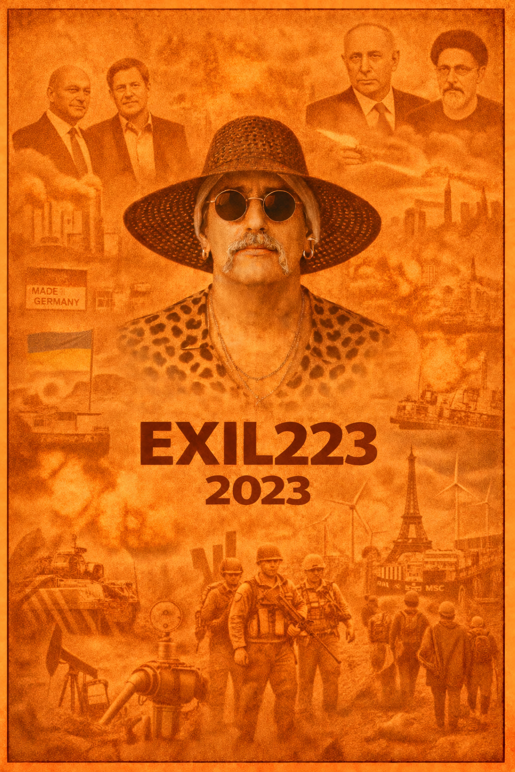 Exil 223 Bildcollage 2023 mit zentraler Figur, Deutschland, Wirtschaftskrise, Energiepolitik und internationale Konflikte