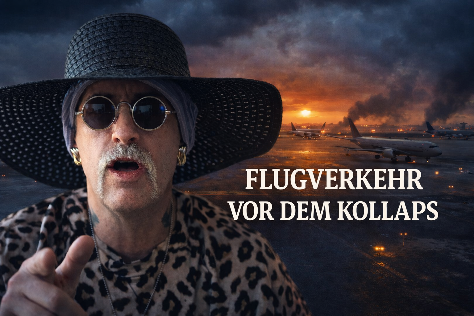 Sprecher mit schwarzem Hut und Sonnenbrille vor dystopischem Flughafen bei Sonnenuntergang mit der Schlagzeile „Flugverkehr vor dem Kollaps“.