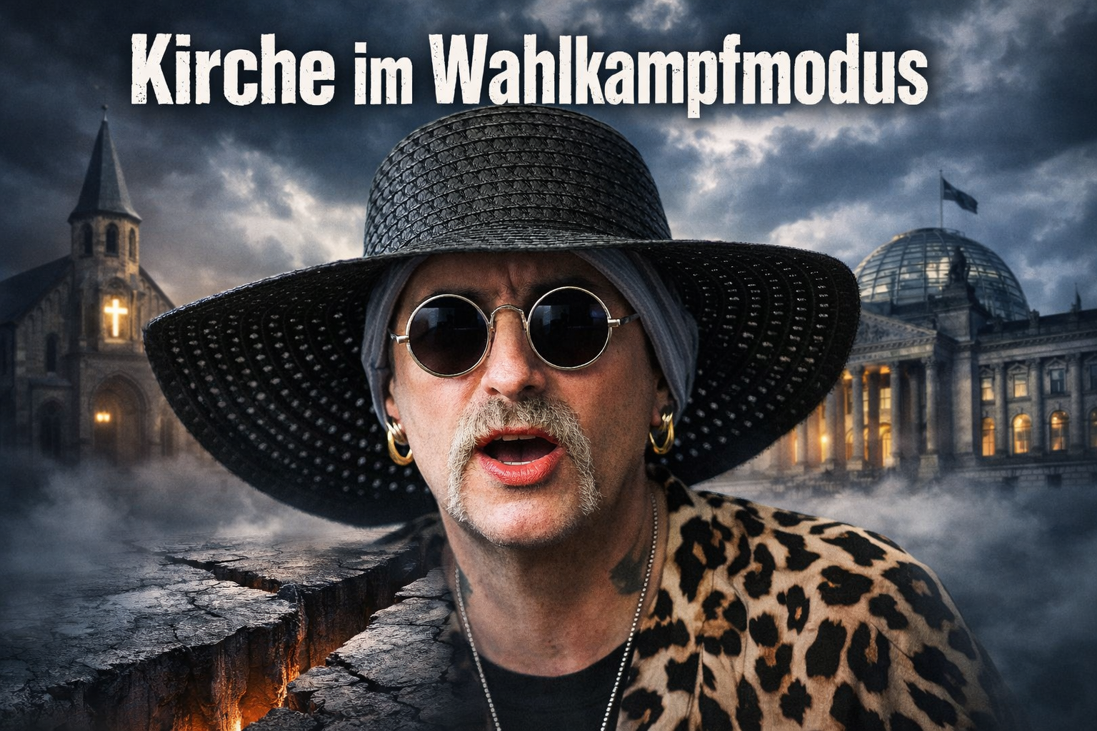 Person mit schwarzem Hut und runder Brille vor dystopischem Hintergrund aus Kirche und Regierungsgebäude mit der Schlagzeile „Kirche im Wahlkampfmodus“.