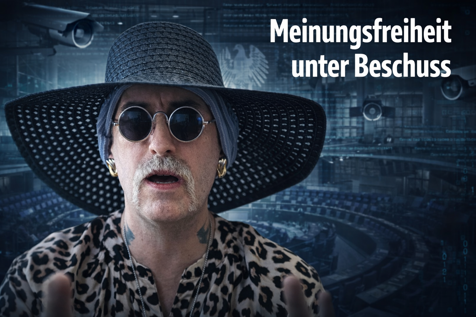 Sprecher mit Hut und Brille vor dystopischem Bundestag-Hintergrund mit Überwachungskameras und Digitalraster – Symbolbild für Meinungsfreiheit unter Druck