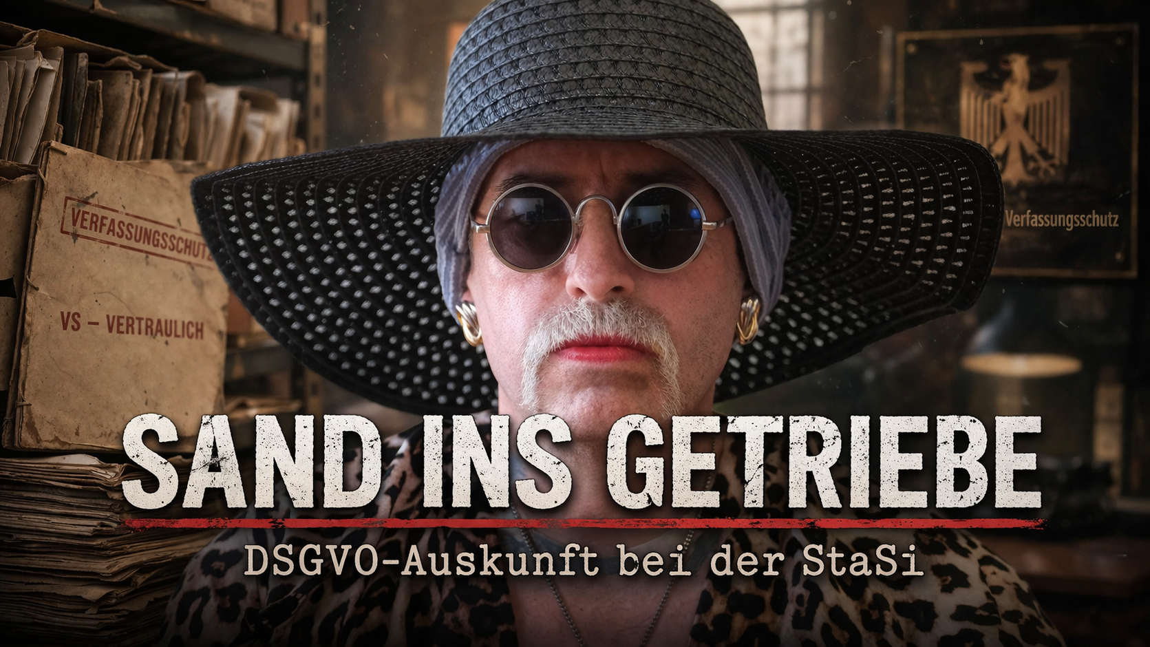 Person mit Hut und Sonnenbrille vor Aktenarchiv, Thema DSGVO-Auskunft beim Verfassungsschutz, Schriftzug Sand ins Getriebe