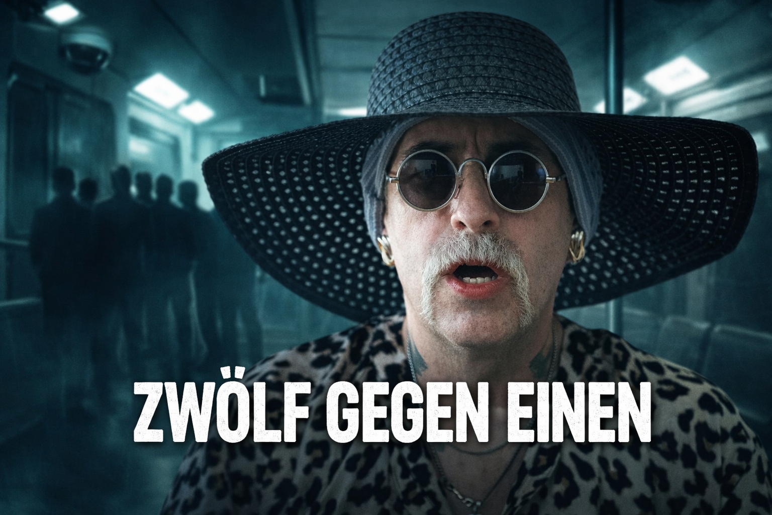 Sprecher mit Hut und Brille vor düsterer Berliner S-Bahn mit Silhouetten einer Männergruppe im Hintergrund, Schlagzeile „Zwölf gegen einen“